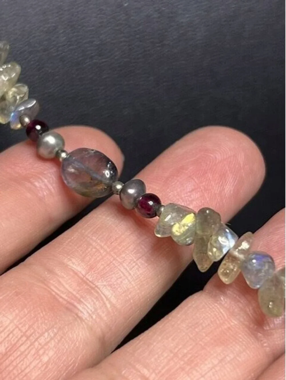 B6601 Long Bead  Necklace Sterling silver  Gemstone Labradorite Pearl Garnet 32
